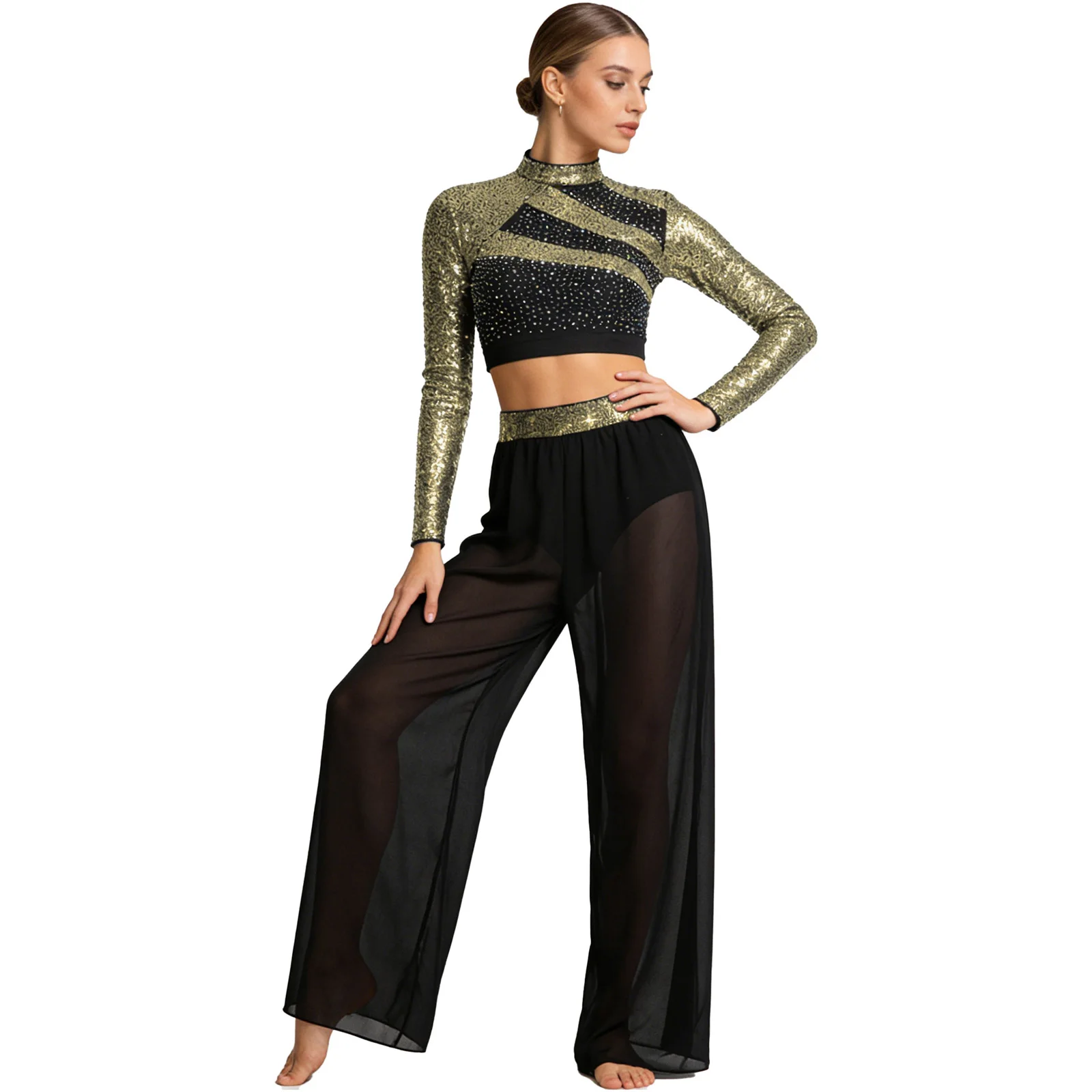 Women Shiny Sequins Modern Lyrical Dance Crop Top with Side Split Pants Built-in Briefs for Skating Gymnastics Acrobatics Ballet