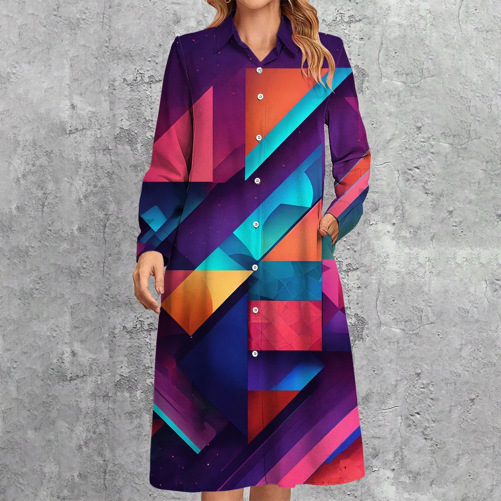 2024 Women Colourful Geometric Print Shirt Dresses Casual Lapel Button Down Blouse Dress Spring Oversized Ladies Commuter Dress