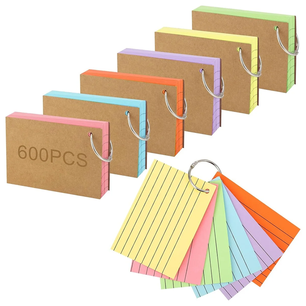 Reliable 600 Pcs Index Cards with Ring, 3 X 4 Inch Colored A7 Colorful Flash Cards with Ring Underline Study Cards