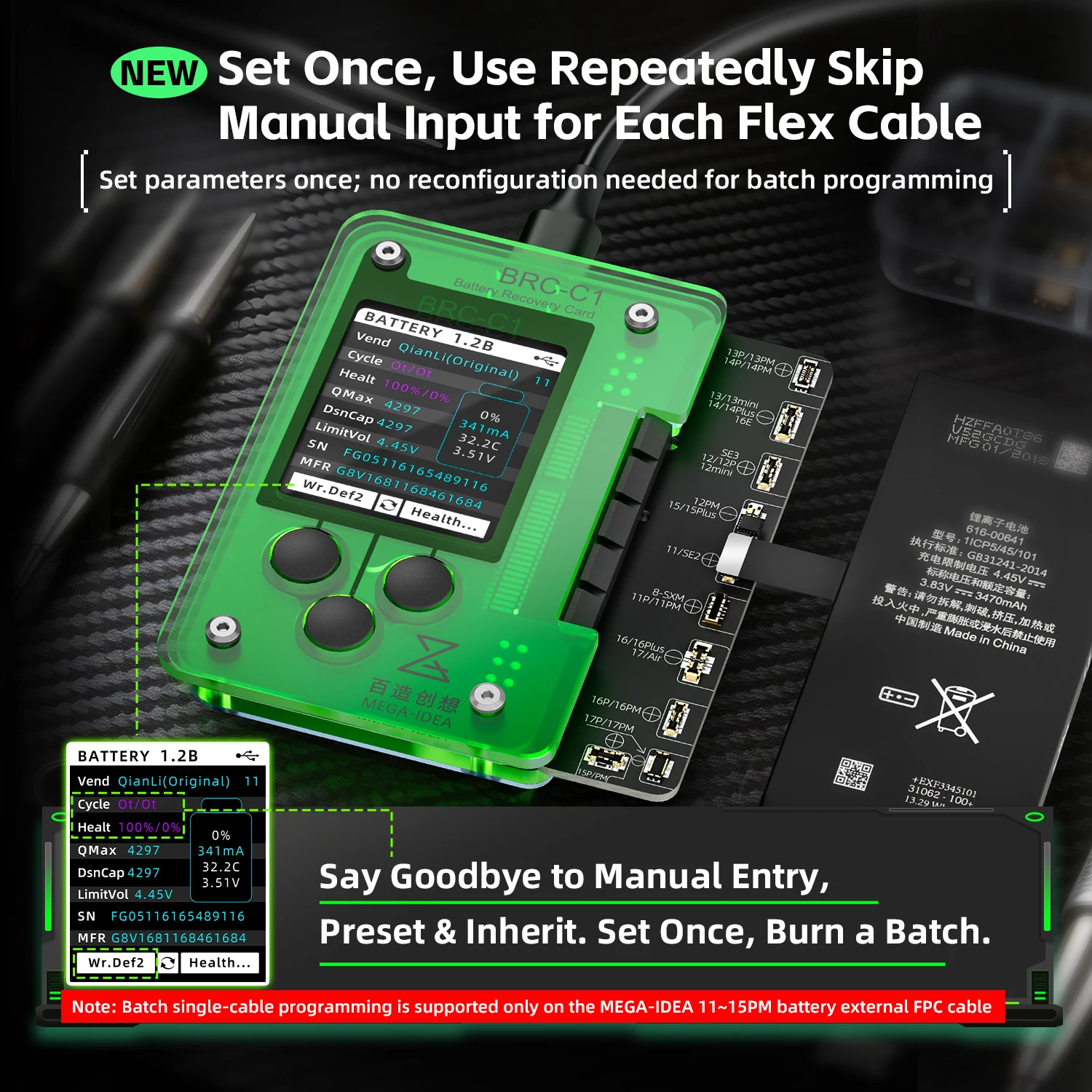 BAIZAO BRC-C1 IP8–17 Series Battery Programmer — Supports Repair of Batteries, True Tone, Rear Cameras, and Face ID