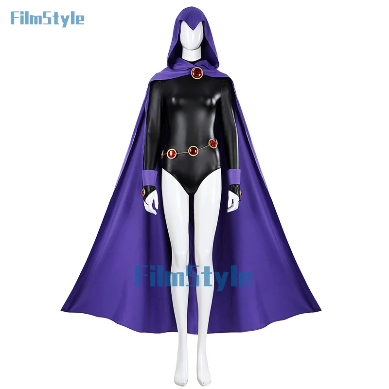 New Teen Titans Super Hero Raven Cosplay Costume Women Black Bodysuit Purple Hooded Cloak Jumpsuits Halloween Party Costume