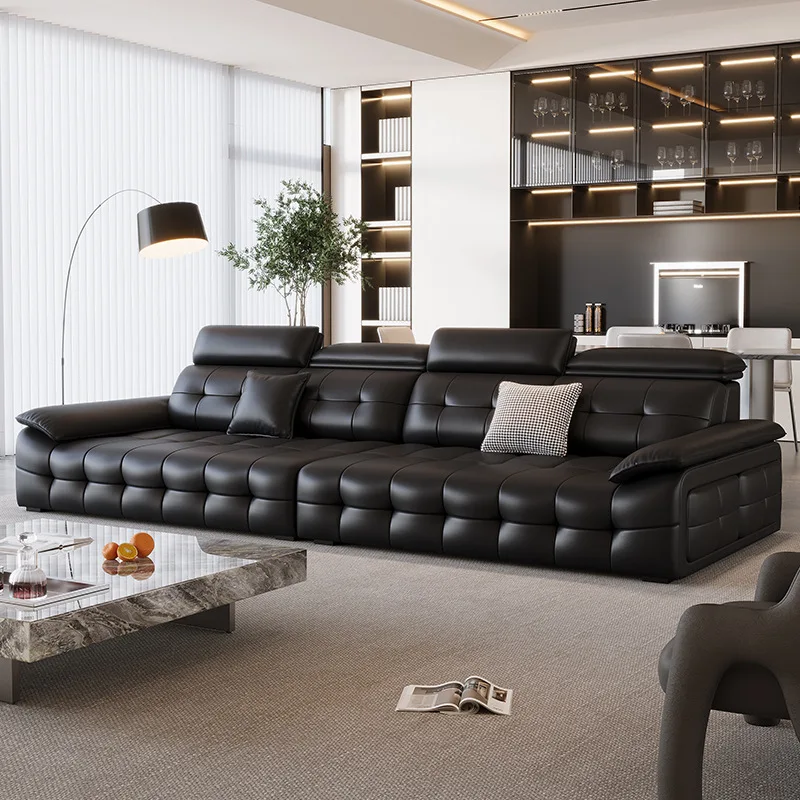 

Sofa Italian minimalist leather sand living room large apartment light luxury black leather art