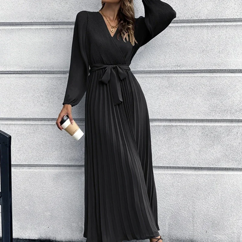 

2024 Autumn Winter Women's New V-neck Long-sleeved Pleated A-line Skirt Mid-length Dress Vestidos Para Mujer Bonitos Midi Long