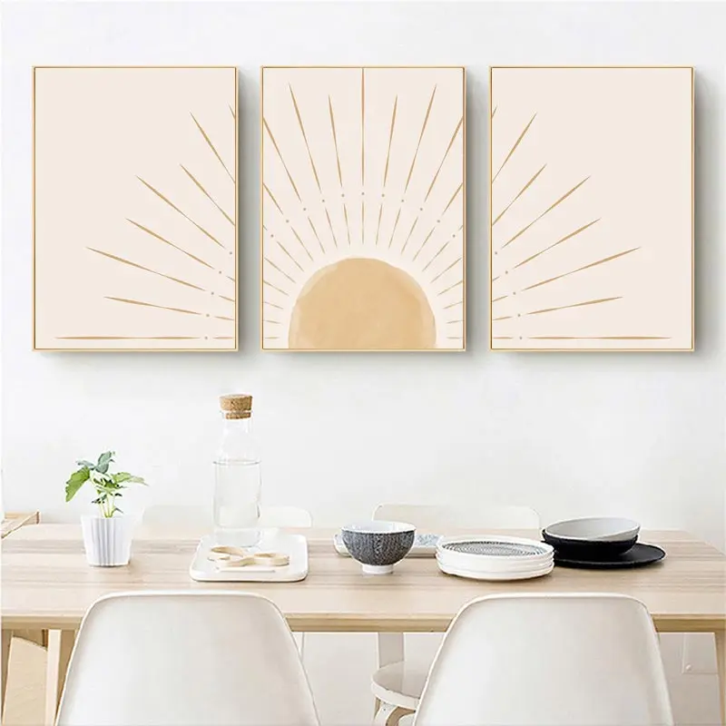 Boho Wall Art Yellow Sun Rising on the Horizon Geometric Nature Illustrations Line Art Wall Mid Century Modern Posters and Print