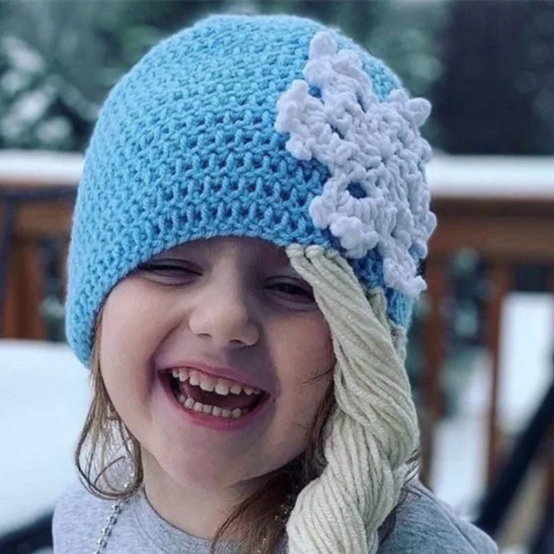 Handnade knitting pullover hat Baby blue White snowflake Decoration Side wig braid hat for girls holiday gifts winter warm