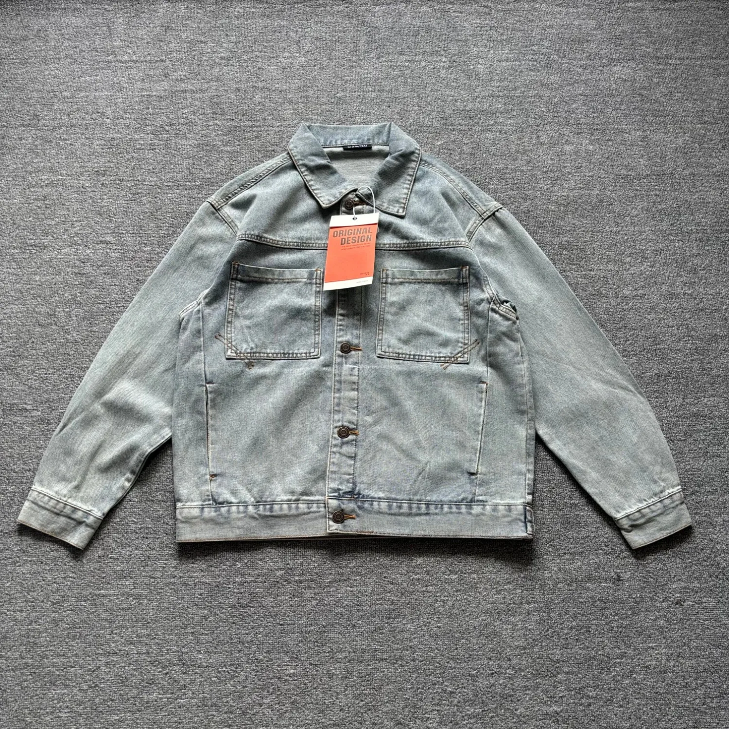 Light Washed Vintage Denim Jacket Men Lapel Double Pocket Loose Short Casual Denim Coat