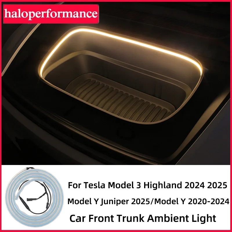 

Световая полоса хода для Tesla Model 3 Highland/Model Y/Model Y Juniper 2025, светодиодное окружающее освещение переднего багажника, аксессуары для интерьера