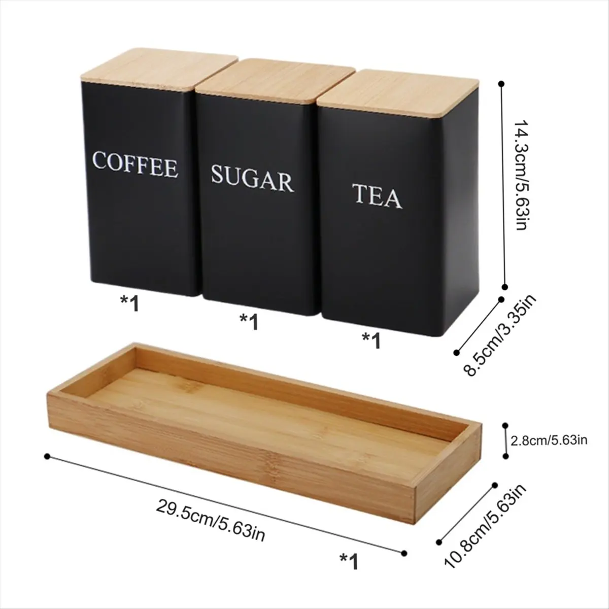 3PCS Set Tea Coffee Sugar Canister Set with Tray Iron Tea and Coffee Jars with Bamboo Lid Coffee Sugar Tea Containers A &LICG