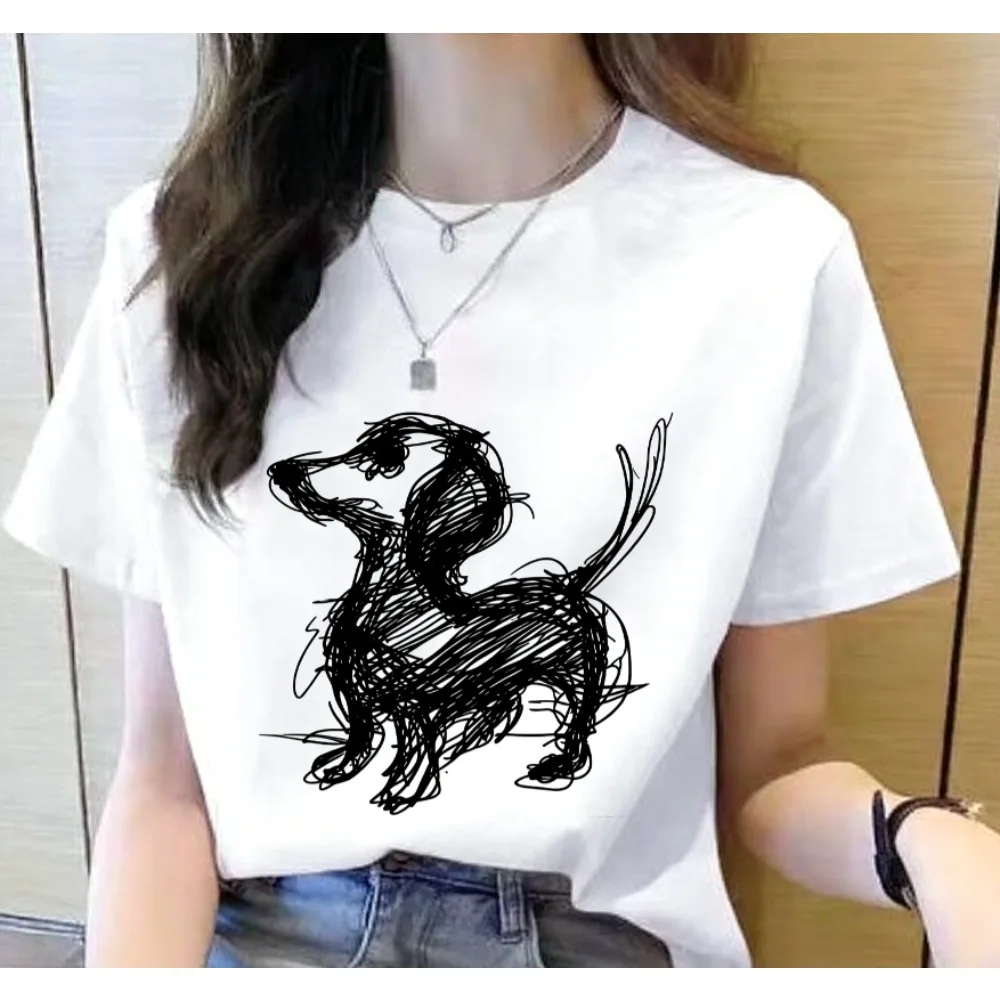 Dog Line Art T Shirt Women Minimalist Dog Doodle Print T Shirts Female Casual Short Sleeve Tops Summer Graphic Tees Clothes