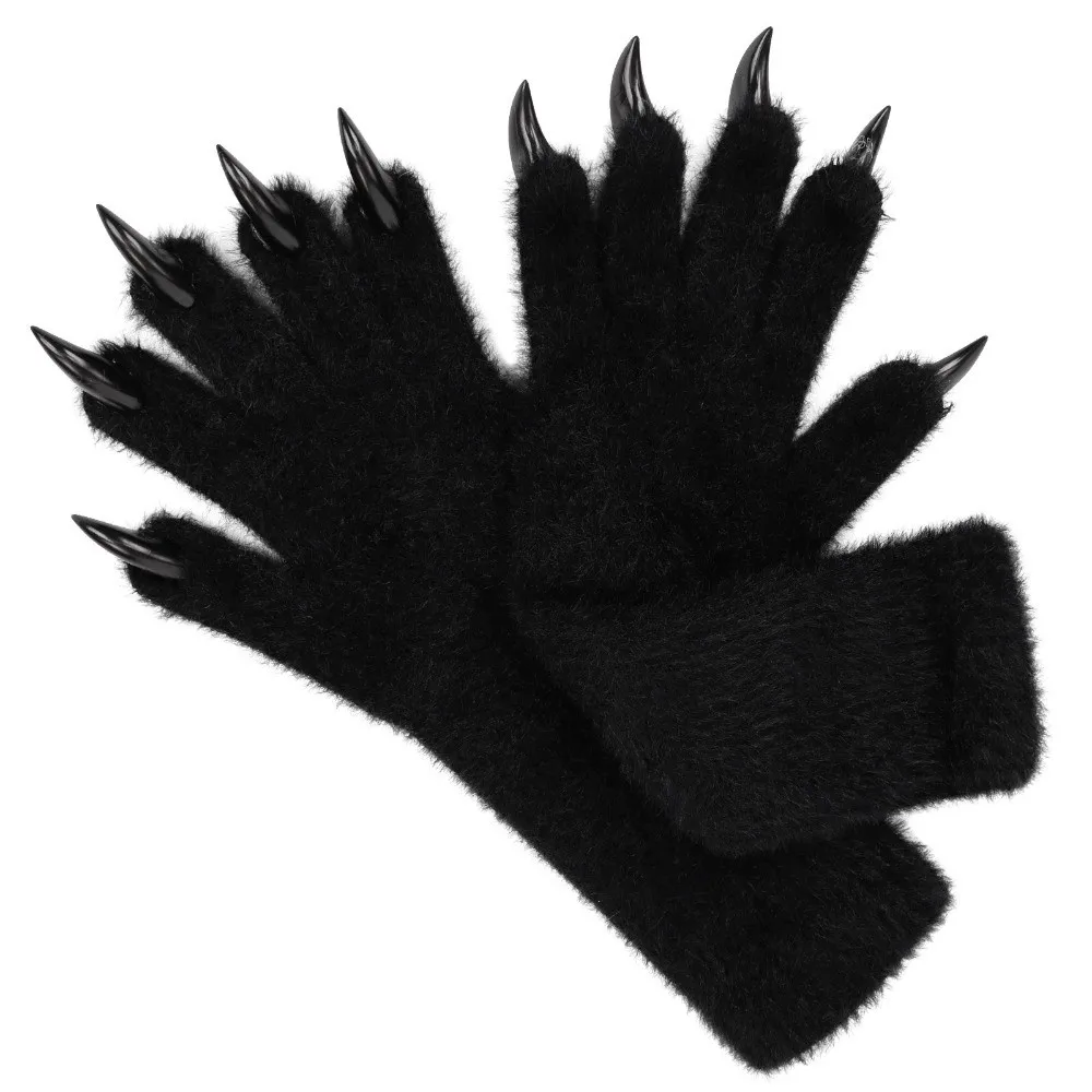 Creative Full Finger Paws Gloves Long Nail Solid Color Long Warm Mittens Furry Animal Claw Gloves Halloween Costume Accessories