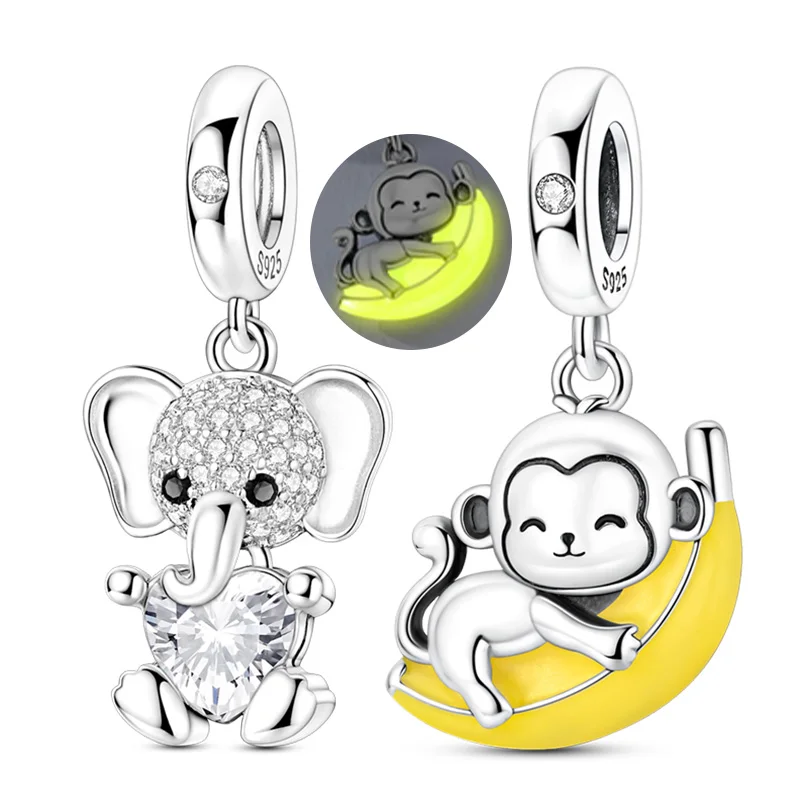 925 Sterling Silver Charm Glow-in-the-dark Elephant Monkey Bead Fit Original Bracelet Pendant DIY Women Jewelry Gift Making