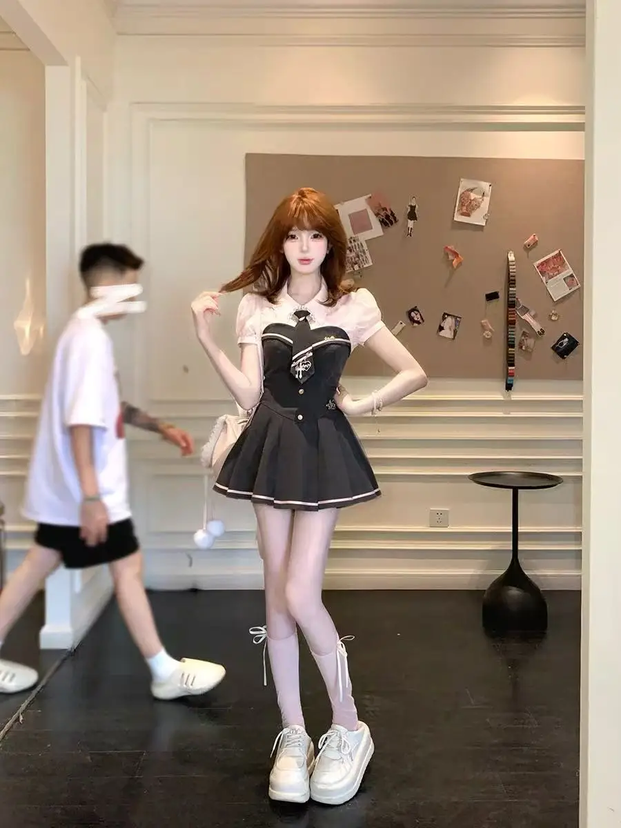 الصيف الكورية خمر الحلو Preppy نمط 2 قطعة مجموعة المرأة نفخة كم قميص + المرقعة مطوي صديرية دائرية فستان Y2K 2000s مجموعة