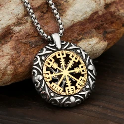 Vintage Stainless Steel Norse Rune Bead Compass Pendant Necklace For Men Unique Hollow Out Sun Necklace Fashion Amulet Jewelry