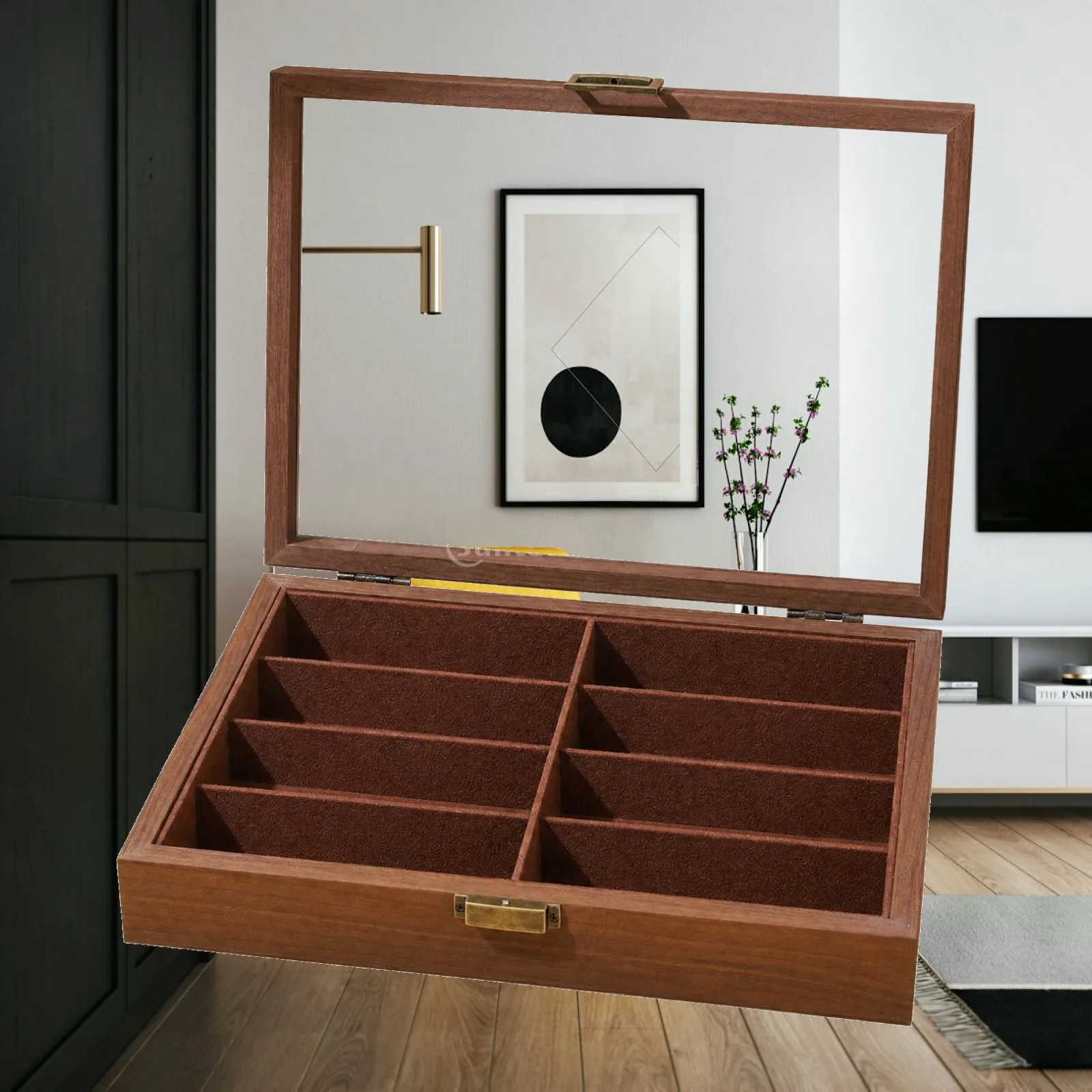 Walnut Wood Grain PU Leather Jewelry Display Case with Clear Lid for Vanity Table and Closet Organizer Storage Box