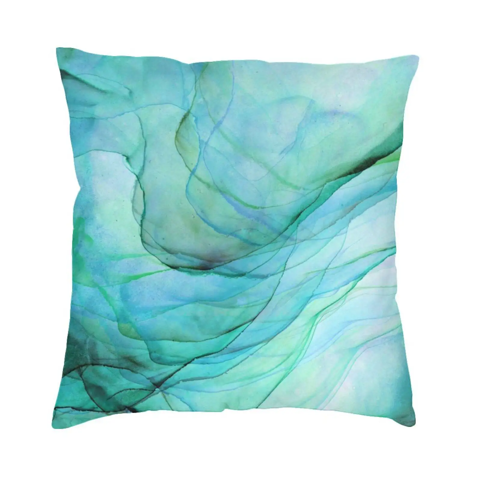 

Морская зеленая футболка с рисунком тушью, хлопковая футболка, океан, абстрактные чернила, узор, мрамор, акварель, струящийся, бирюзовый, морской зеленый