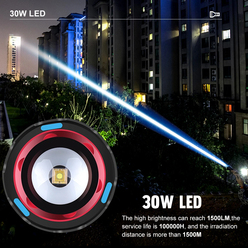 Asafee LED Flashlight 1500m Ultra Long Range 30W White Laser Focus Hand Torch Color Luminou Outdoor SOS Light