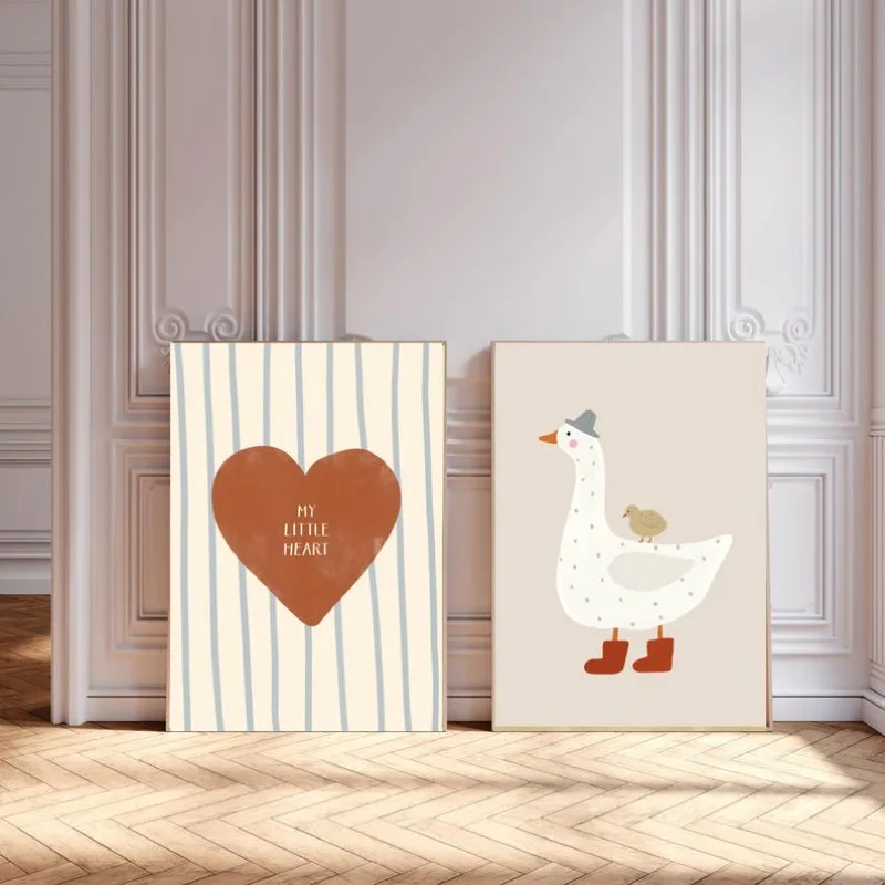 2pcs frameles,2Pcs Unframed Cute Goose & Heart Canvas Wall Art, Nordic Boho Nursery Print, Aesthetic Baby Kids Room Decor Gift