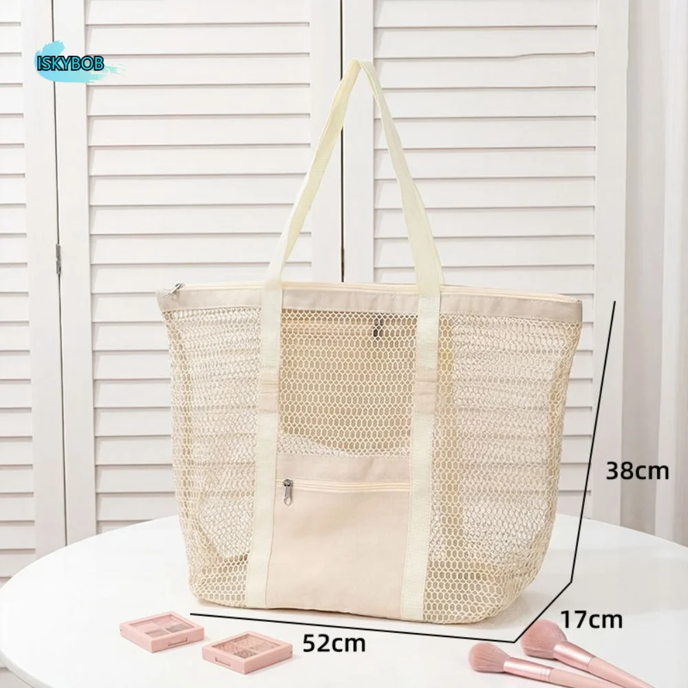 

Toiletry Bag Nylon Mesh Beach Bag Zipper Hollow Out Mesh Handbag Foldable Multifunctional Swimming Bag Swimming