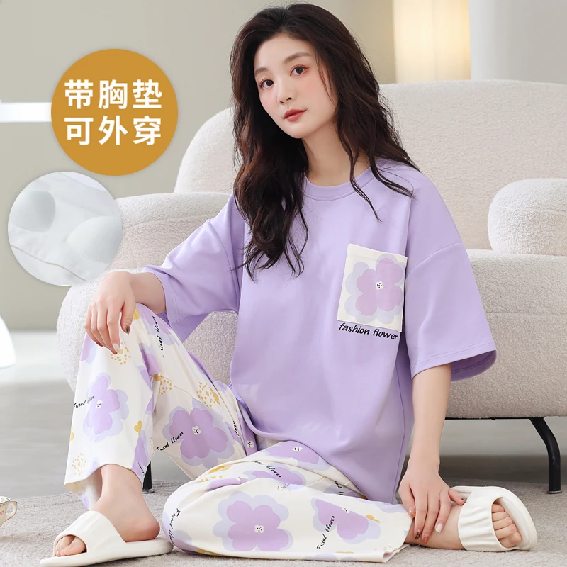 

Summer Women's Pajamas Set Round Neck Short Sleeves & Long pant Sleepwear 2 Pieces Print Nightwear with Bra Pad Homewear Cloth
