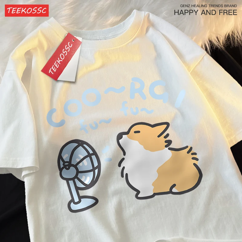 

A Family Of 3 T-Shirt Wind Blowing Corgi Dog Fun T-Shirt Cotton New Street Hip Hop Clothes Casual Loose A Family Of 3 T Shirts