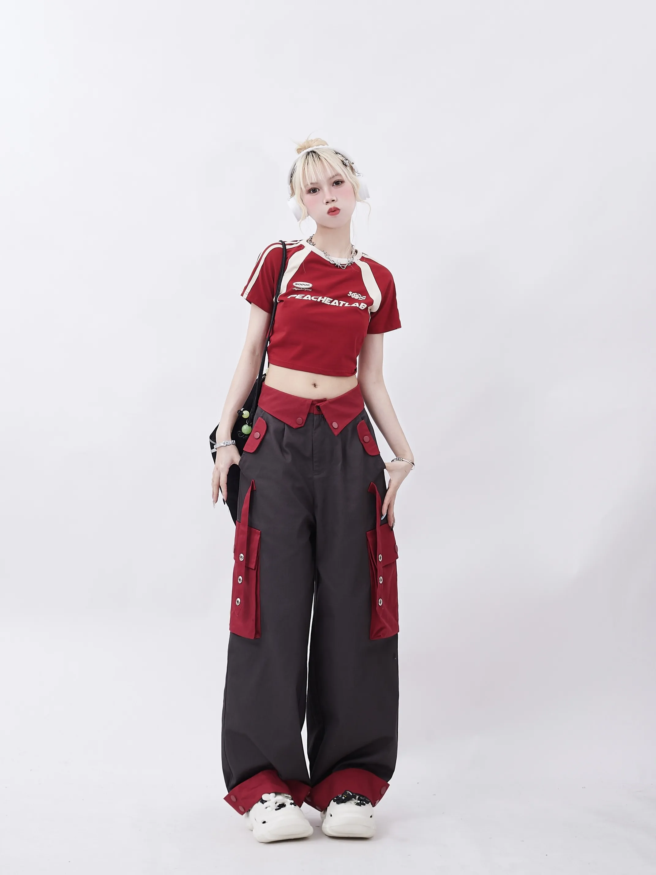 Overalls Women's Summer New Fashion Street Flip Large Pocket Color Matching Design Straight-Leg Pants