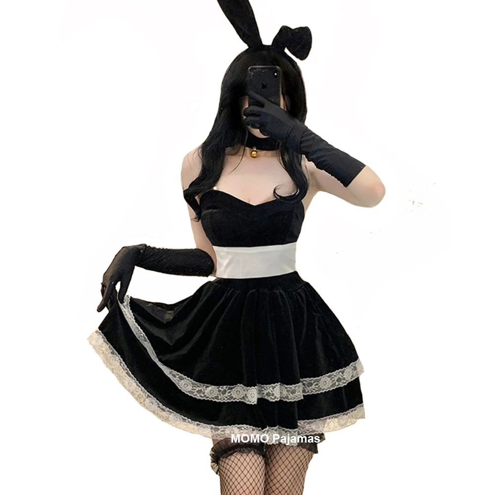 Süßes Lolita Kleid Hase Mädchen Halloween Weihnachten Cosplay Kostüm rosa schwarz Anime Dienst mädchen Uniform Samt Kaninchen Rollenspiel Outfit