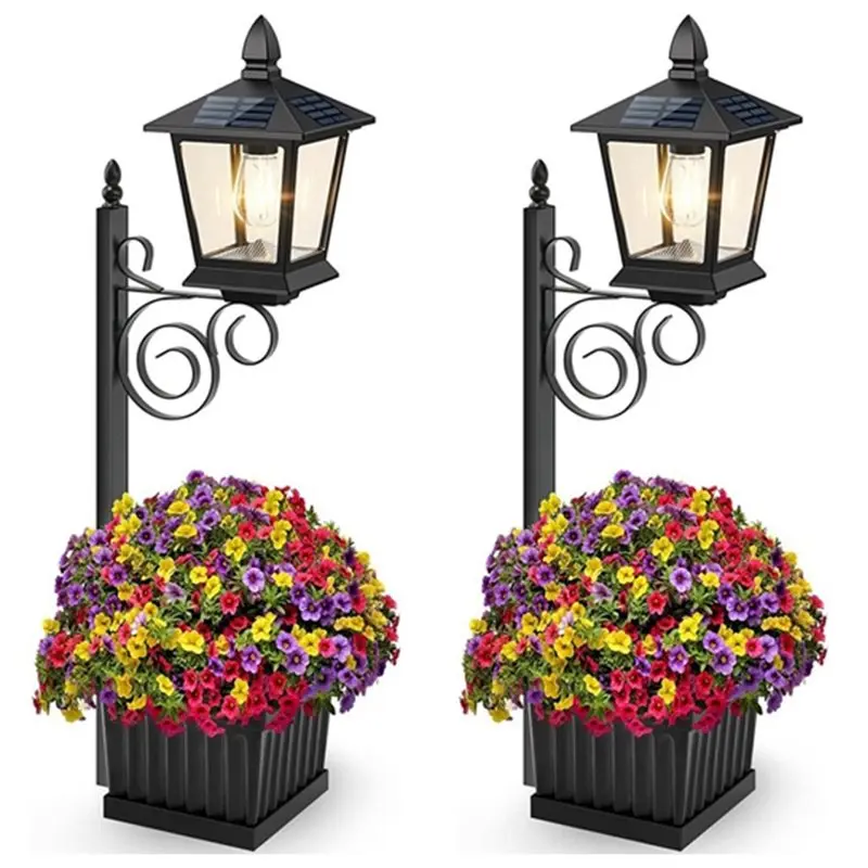 JHD 2X Outdoor Solar Flower Pots,Solar Lamp Post With Planter,Wall Mount/Standing Solar Planter Lights For Garden, Patio