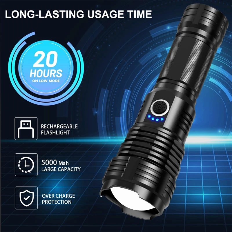 USB Rechargeable Flashlights 250000 High Lumens Super Bright Led Flashlight with 5 Modes Waterproof Powerful for Camping Walking