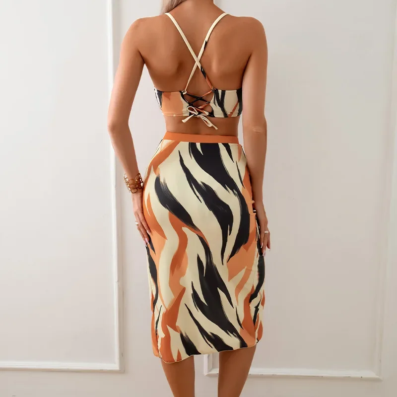 New High Waist Slit Fashionable Printed Long Skirt Bikini Sets Sexy Vacation Beach Women's Swimwear Push-up Three Piece Swimsuit