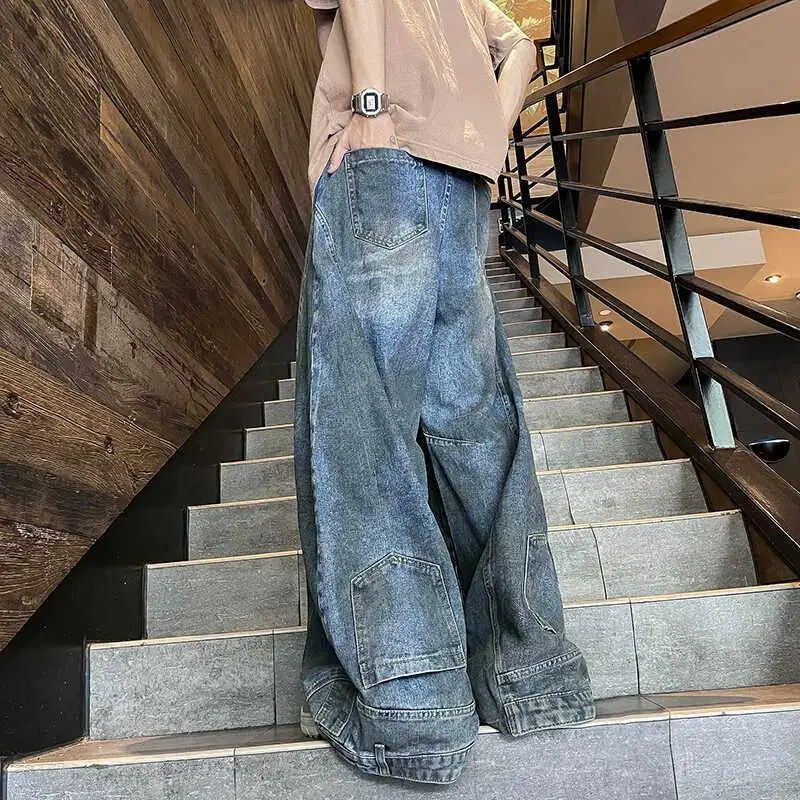 

American Style Heavy Duty Dirty Hole Jeans Men's High Street Draping Loose Street Cool Wide Leg Back Wear Floor Long Pants