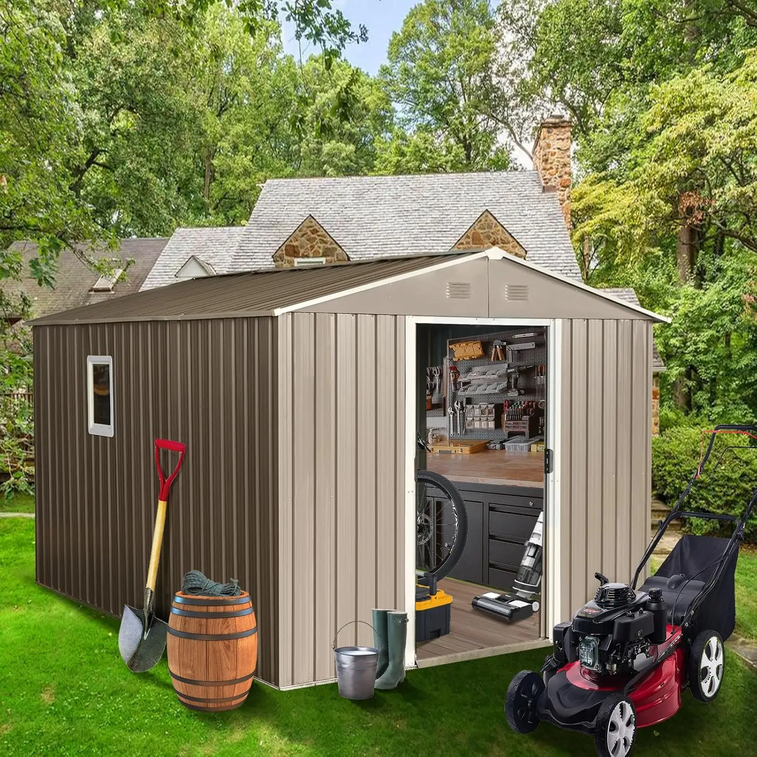 

8X10 FT Outdoor Storage Shed with Floor Frame & Window, Garden Shed for Garbage Can, Bike, Metal Tool Sheds for Lawn