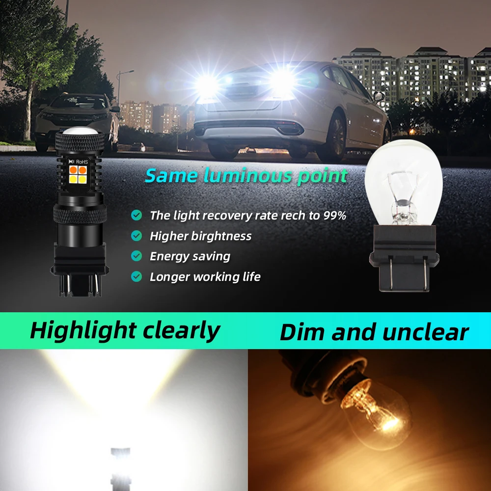 2Pcs 3157 LED T20 7443 W21/5W Car Brake Turn Signal Bulb White Yellow Dual Filament Hi/Lo Beam Car Tail Light 12V Stop Lamp