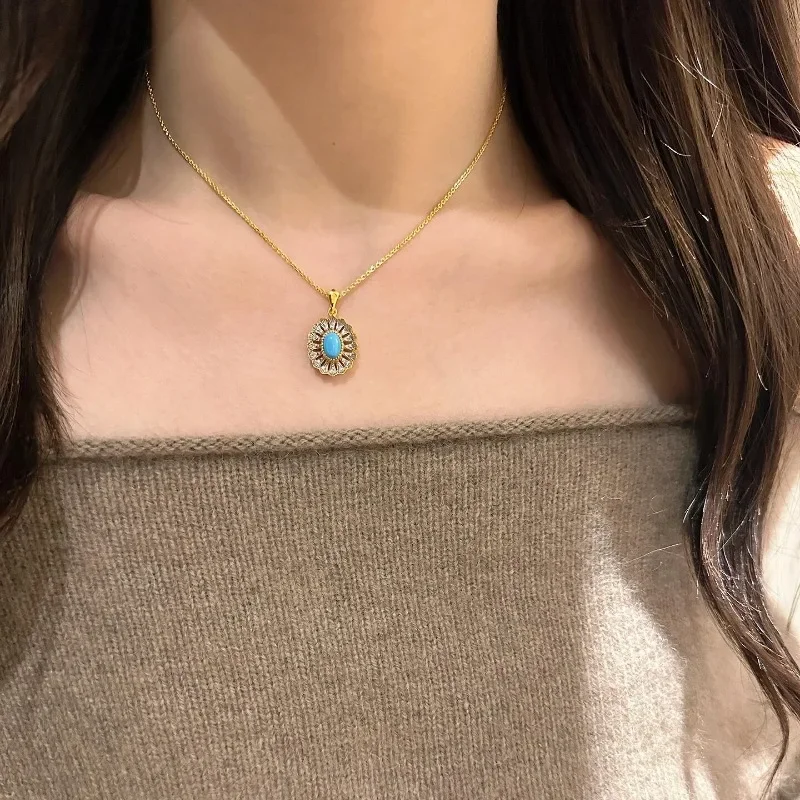 أقراط الفيروز الكلاسيكية للنساء قلادة قصر نمط أنيق الرجعية الخفيفة الفاخرة القطع الناقص الزهور مجموعات المجوهرات #5