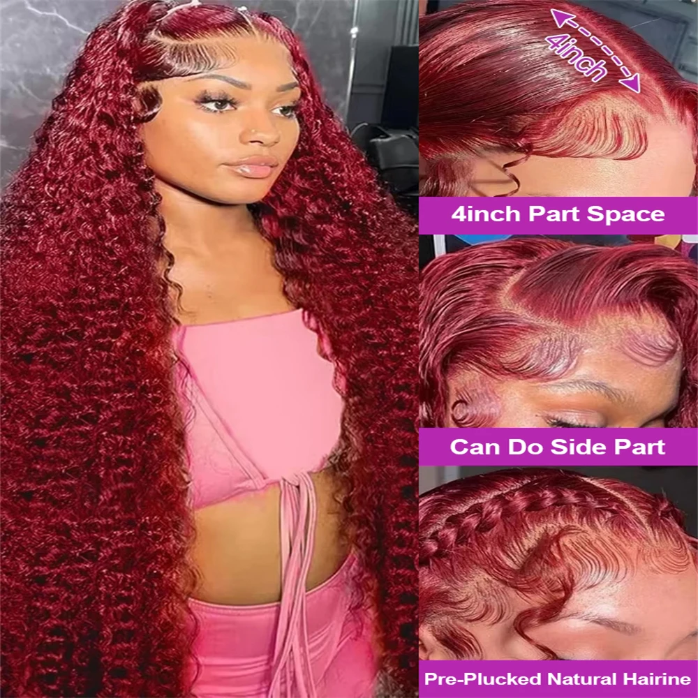 99J Burgundy 13x6 Hd Lace Frontal Human Hair Wig 30inch Red Colored Curly Wigs 13x4 Transparent Lace Water Deep Wave Frontal Wig image 3