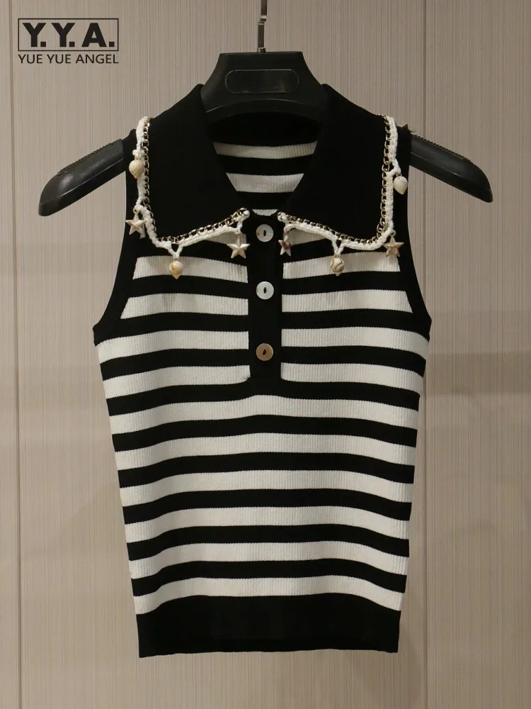 

Casual Women New Summer Sleeveless Striped Knitted Tops Turndown Collar Tassels Vintage Office Ladies Slim Fit Pullover Vests