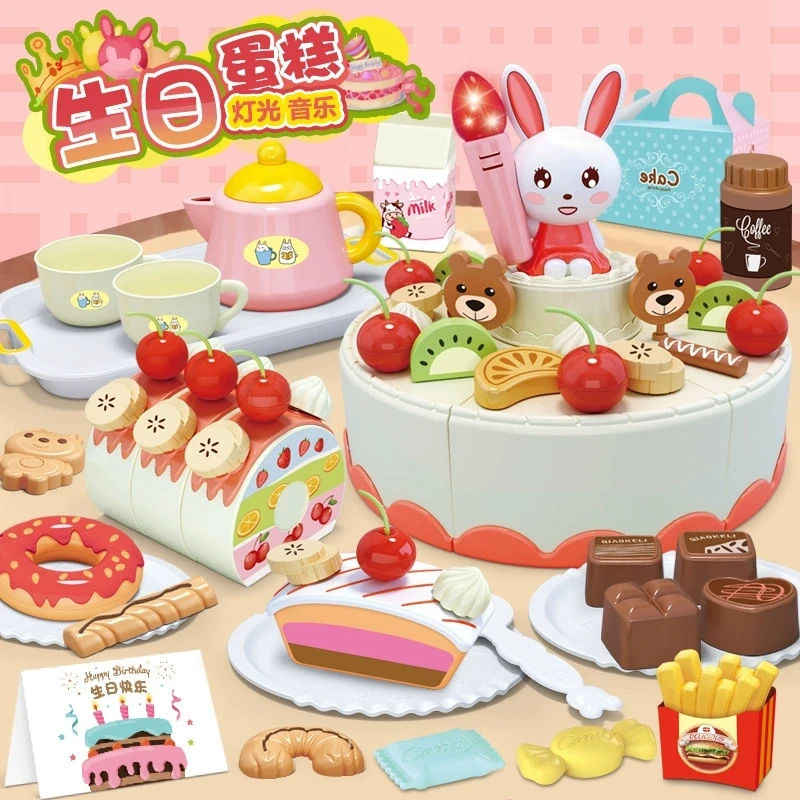 Kids Educational Toy Simulation Diy Birthday Cake Model Kitchen Pretend Play Cutting Fruit Food Toddler Children Gift 85pc/set