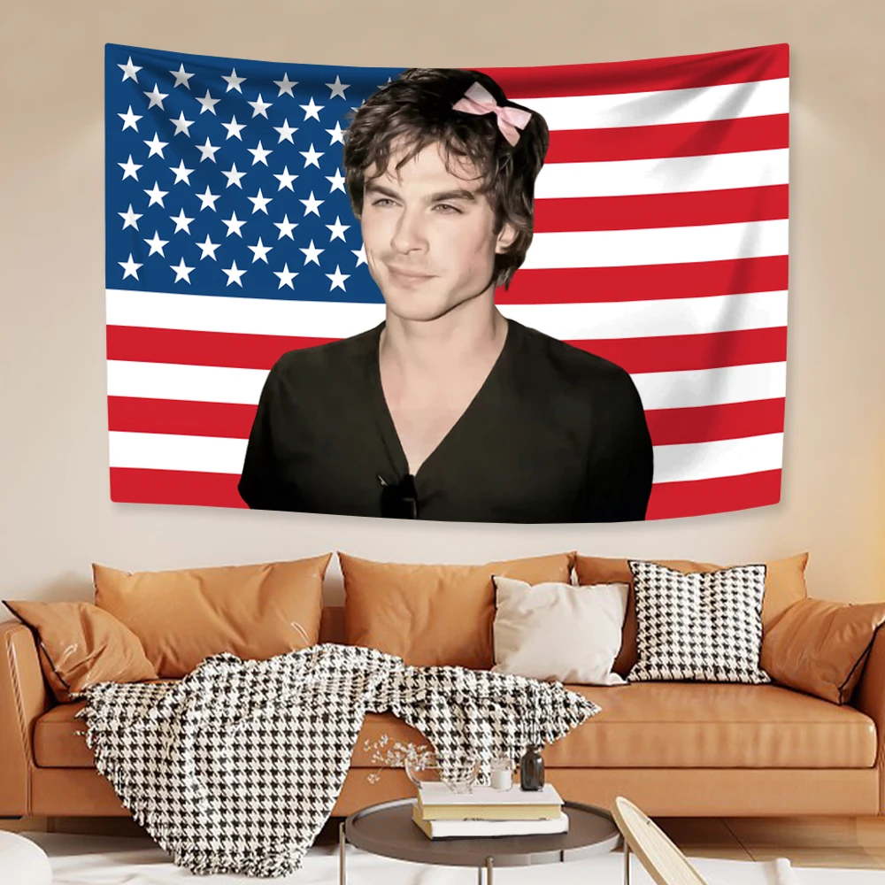 Ian Somerhalders Amerikan Bayrağı Goblen Klasik TV Posteri Damon Salvatoreas Ev Dekor Estetik Yatak Odası Zemin Parti Afiş