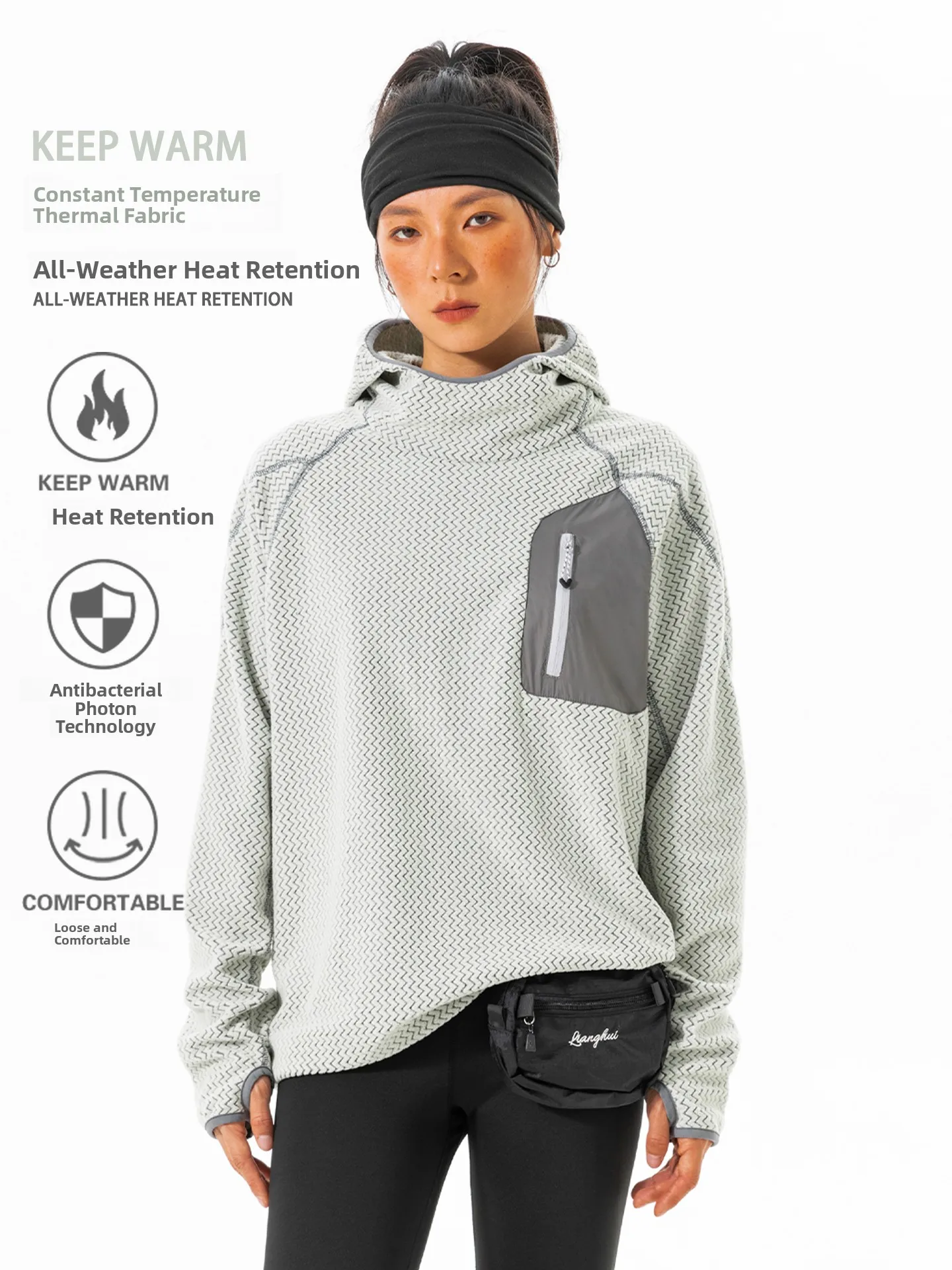 Hiking Outdoor Windproof Antifreeze Warmth Retention Long Sleeve Fleece Lined Hooded T-Shirt Unisex Casual Sportswear Sweatshirt