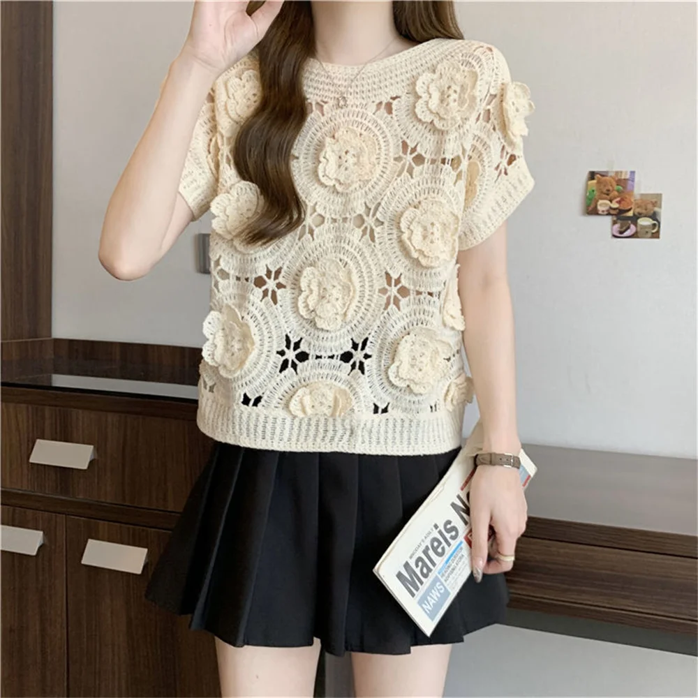 Sweter na szydełku Pulower 2025 Lato Wiosna Kwiaty Ażurowe Dzianiny Koreańska Moda Elegancki Vintage Damski Pulower Koszula Top