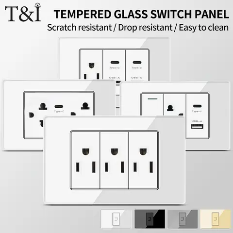 T&I Elegant 118 Wall Switch Socket, US Standard, USB Charger with Type-C, Glass Panel Design