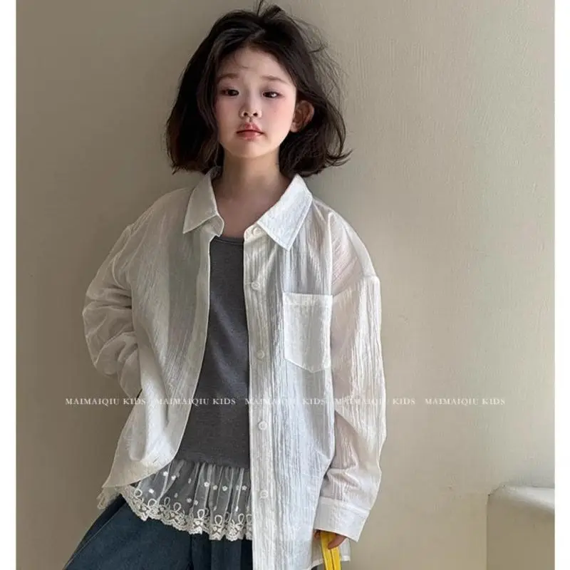 

Girls Summer Dress Shirt 2025 New Sunscreen Long Sleeve Shirt Medium and Large Childrens Thin Top