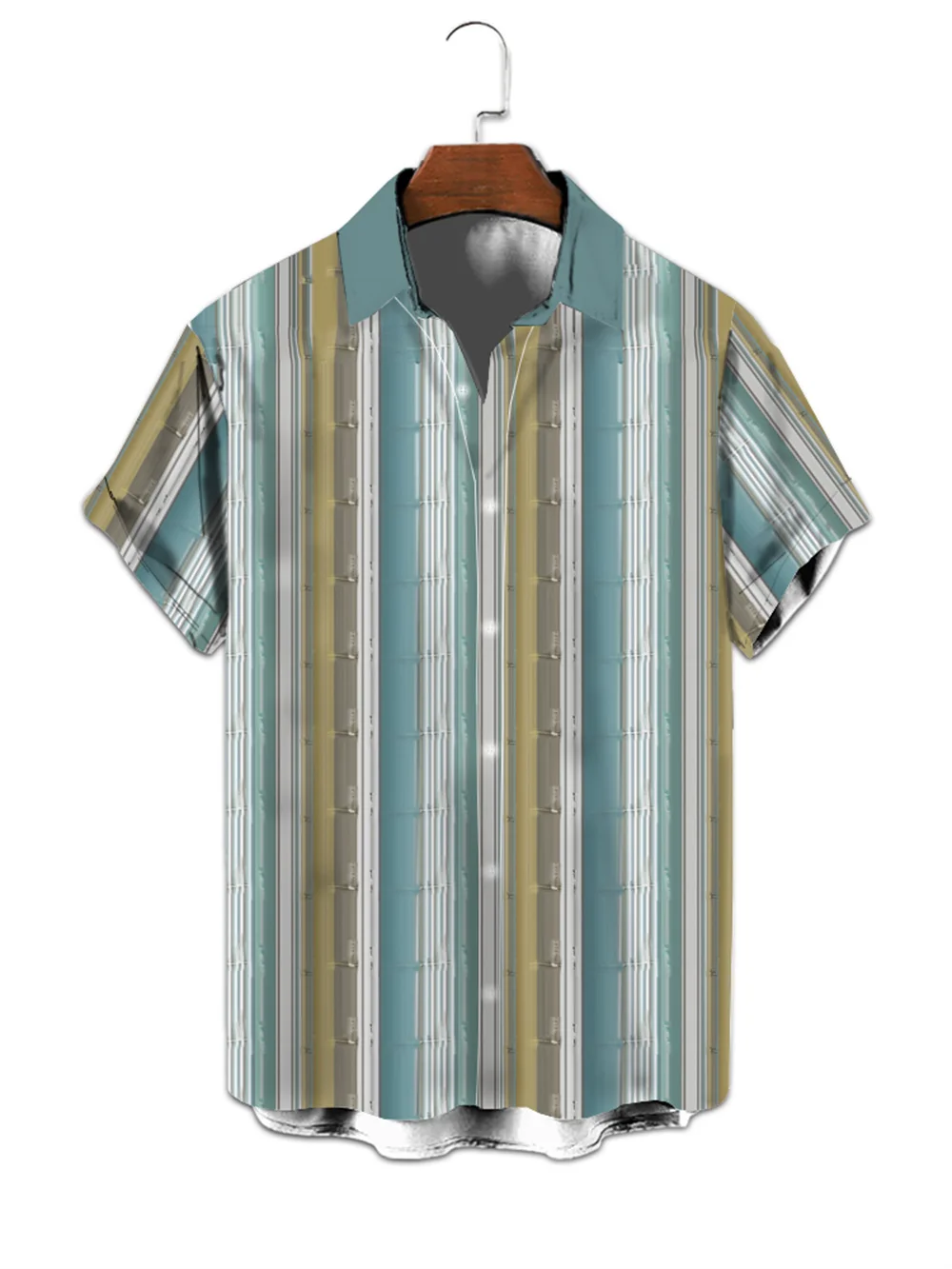 2025 new cross-border casual fashion men's shirt 3d printed striped shirt lapel short-sleeved top