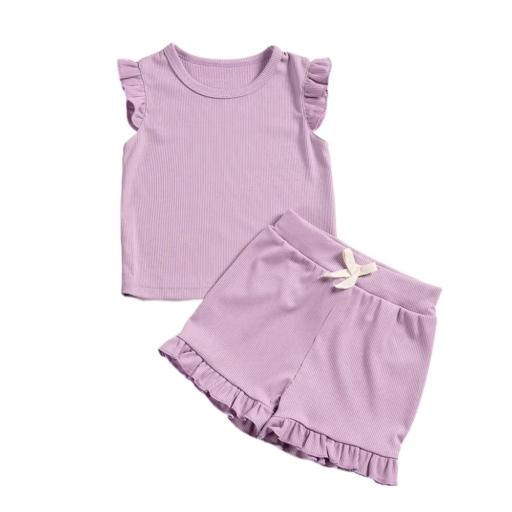 Summer Solid Colour Toddler Sleeveless Set Girls Dash Sleeve Top + Shorts Elastic Waist Clothing Set 2pcs Ruffles Kids Clothes