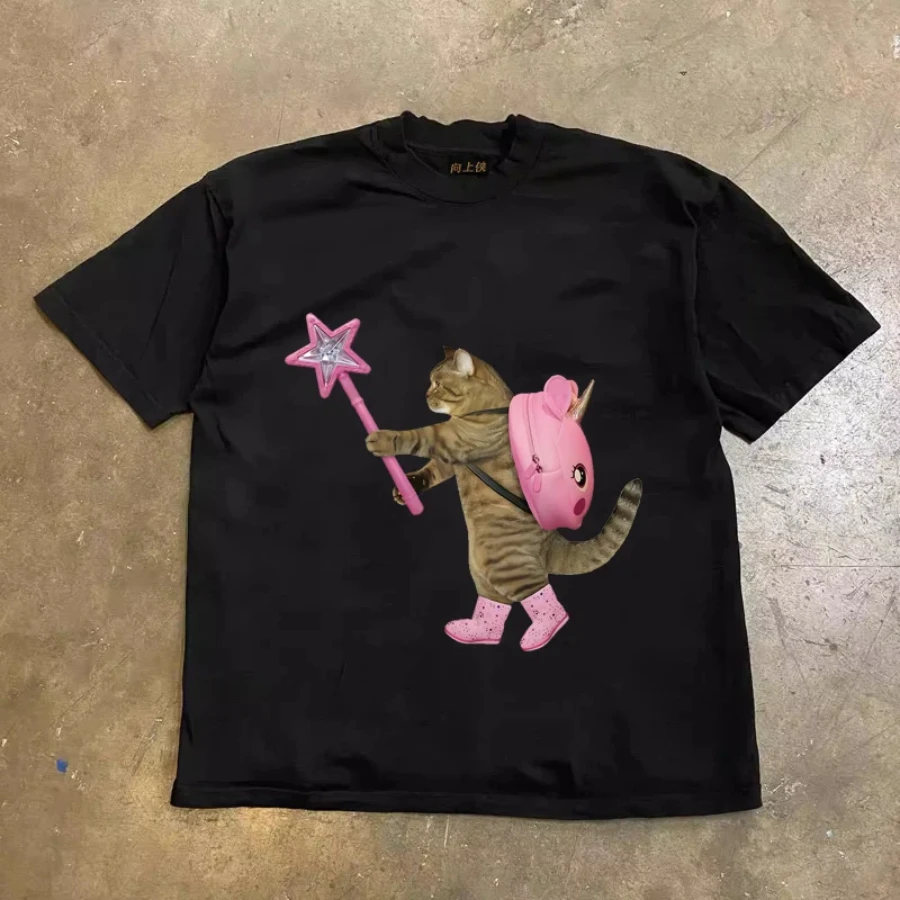 Cat Magic Wand Teacher Print Pure Cotton Crew Neck Casual Short Sleeve T-Shirt Men Women Summer