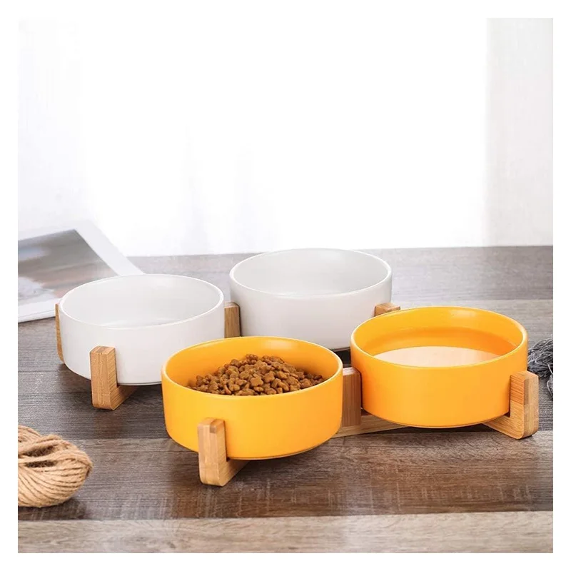 Yellow Ceramic Cat Dog Bowl Dish with Wood Stand No Spill Pet Food Water Feeder Cats Small Dogs Single Bowl, Double Bowl