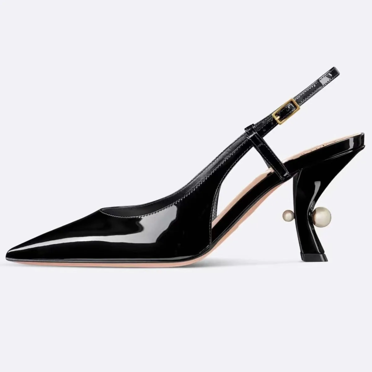 

Patent Leather Pointed Toe Summer Women Sandals Stiletto High Heel With Pearl Buckle Strap Design Large Size Fashion Show Shoes