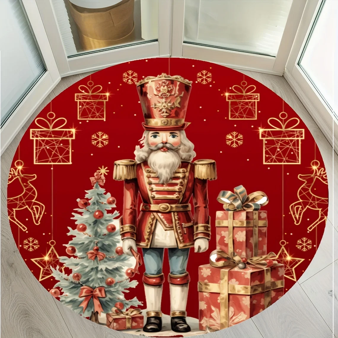 Nutcracker Soldier Christmas Round Rug, Red Gold Themed Mat with Tree Gifts Design for Living Room Bedroom Holiday Decor