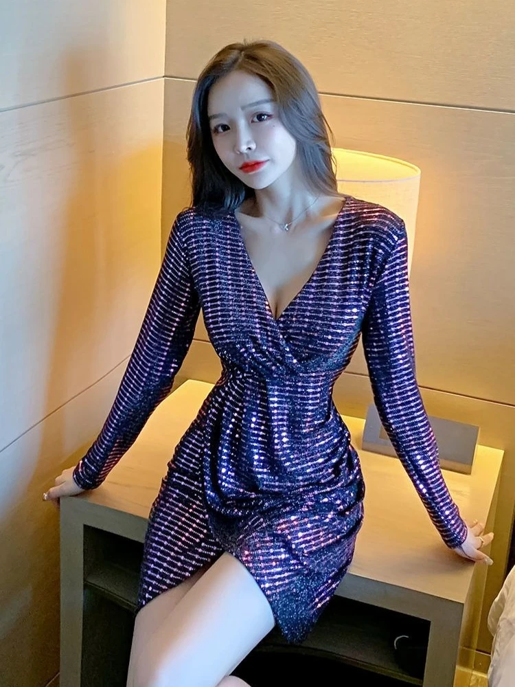 

Женское осеннее облегающее платье с драпировкой на талии, глубоким V-образным вырезом, пайетками и длинными рукавами для вечеринок ​