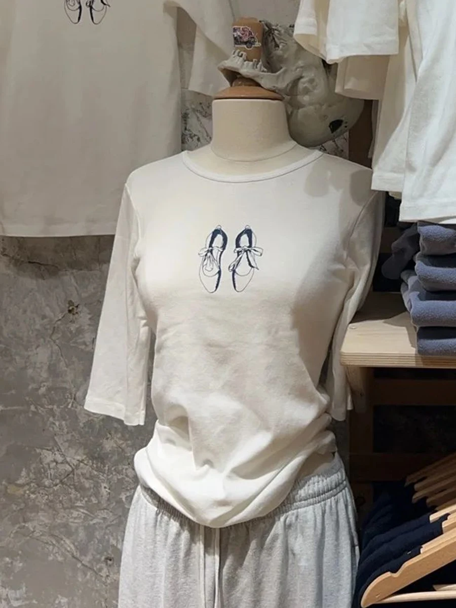 Ballet Shoes Graphic Half Sleeve T-shirt Woman Autumn Cotton Round Neck Tee Shirt Female Sweet Cute Preppy Style Crop Top Y2k