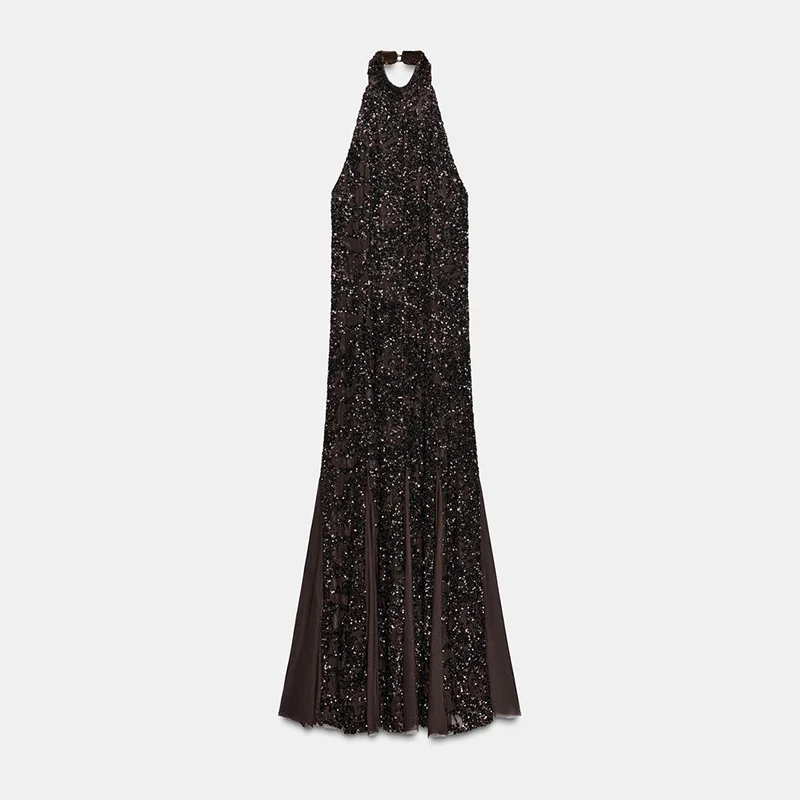 Elegant Sequin Shiny Halter Long Dress Fashion Sexy See Through Sleeveless Backless Slim Fit Gown NEW Lady Evening Party Outfit - view 6
